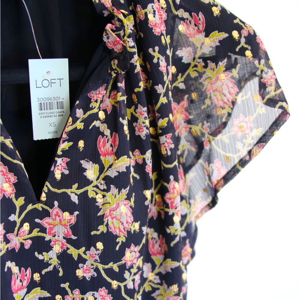 LOFT Dress NWT with drop waist and flutter sleeves.  Black pink & gold pattern.